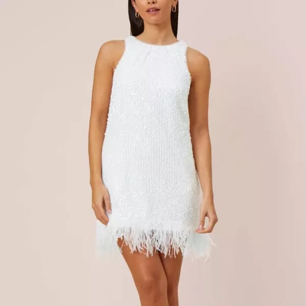 Aidan by Aidan Mattox Halter Sequin Faux Feather Trim Trapeze Dress